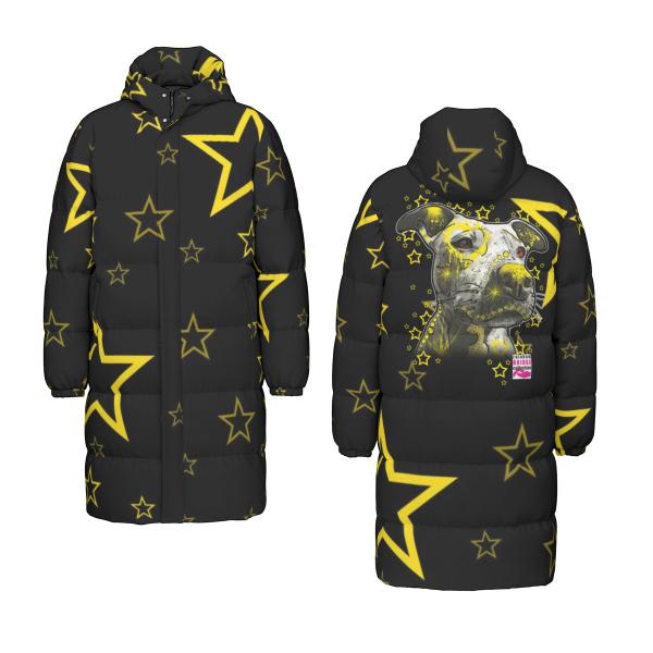 Warme Wintermantel mit Hundemotiv Motte1– Popart Hundemotiv, 90% Daunen, 10% Federn, bunt, stylisch, AmStaff, Staff, Staffordshire, Pitbull, Pit, Soka, Größe XS- 4XL